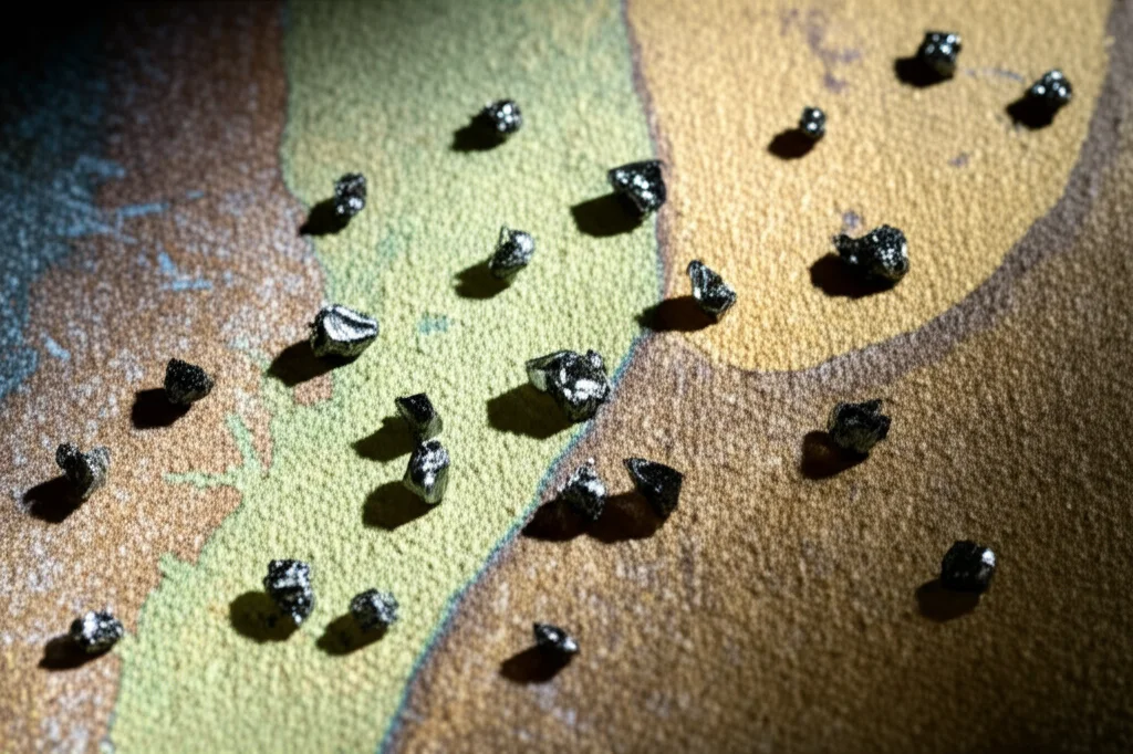 Immagine fotorealistica di cristalli di zircone detritico brillanti e sfaccettati sparsi su una mappa geologica antica del Blocco Yangtze. Obiettivo macro 90mm, dettaglio elevato, illuminazione drammatica laterale che crea lunghe ombre, messa a fuoco selettiva sui cristalli in primo piano.