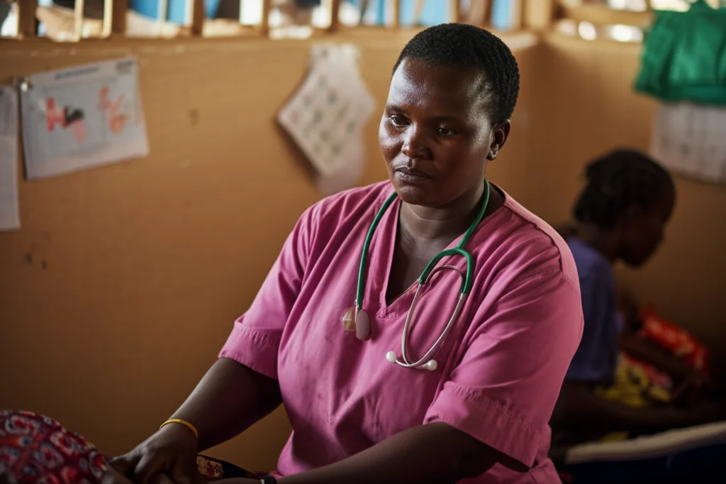 Ritratto intenso di un'ostetrica keniota che assiste una donna durante il travaglio in una clinica ben illuminata, obiettivo prime 50mm, profondità di campo che sfoca lo sfondo, espressione concentrata ma rassicurante, toni caldi.