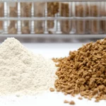 Composizione still life che mostra la farina di soia grezza accanto alla farina di soia fermentata (tempeh-like) con miceli bianchi visibili, e provette con campioni per analisi metabolomica in background. Obiettivo macro 60mm, alta definizione, illuminazione laterale controllata per enfatizzare le texture diverse.