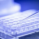 Fotografia macro di micropipetta che deposita un campione liquido minuscolo in un pozzetto di una piastra per spettrometria di massa, illuminazione da laboratorio controllata, alta definizione, messa a fuoco precisa sulla goccia, obiettivo macro 100mm, sfondo sfocato con strumentazione scientifica.