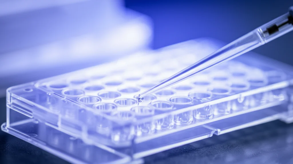 Fotografia macro di micropipetta che deposita un campione liquido minuscolo in un pozzetto di una piastra per spettrometria di massa, illuminazione da laboratorio controllata, alta definizione, messa a fuoco precisa sulla goccia, obiettivo macro 100mm, sfondo sfocato con strumentazione scientifica.