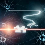 Illustrazione concettuale fotorealistica che rappresenta diversi percorsi di ragionamento: una linea retta per la deduzione, un sentiero ramificato per l'induzione e un salto creativo che collega pezzi di puzzle per l'abduzione. Lo sfondo suggerisce la scoperta scientifica con elementi come neuroni stilizzati e ingranaggi. Illuminazione morbida e focalizzata, obiettivo prime 35mm, profondità di campo.
