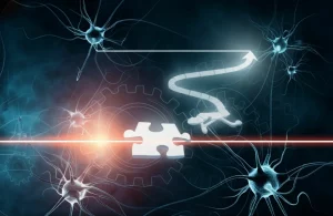 Illustrazione concettuale fotorealistica che rappresenta diversi percorsi di ragionamento: una linea retta per la deduzione, un sentiero ramificato per l'induzione e un salto creativo che collega pezzi di puzzle per l'abduzione. Lo sfondo suggerisce la scoperta scientifica con elementi come neuroni stilizzati e ingranaggi. Illuminazione morbida e focalizzata, obiettivo prime 35mm, profondità di campo.