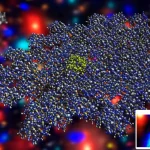 Illustrazione fotorealistica di una complessa struttura cristallina di un idrocarburo policiclico aromatico (PAH) che interagisce con fotoni di luce, con grafici sovrapposti di proprietà elettroniche ed eccitoniche (strutture di bande, spettri di assorbimento). Obiettivo macro 90mm, illuminazione da studio controllata, alta definizione, focus selettivo sulla molecola centrale, a simboleggiare il dataset PAH101 e le sue applicazioni nell'elettronica organica e nella scienza dei materiali computazionale.