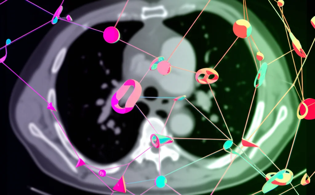 Immagine concettuale astratta che visualizza l'analisi topologica di dati medici complessi, mostrando forme geometriche interconnesse (simili a nodi e buchi) sovrapposte a un'immagine sfocata di una TAC polmonare, illuminazione drammatica, colori vibranti su sfondo scuro, alta definizione, obiettivo 50mm, profondità di campo.