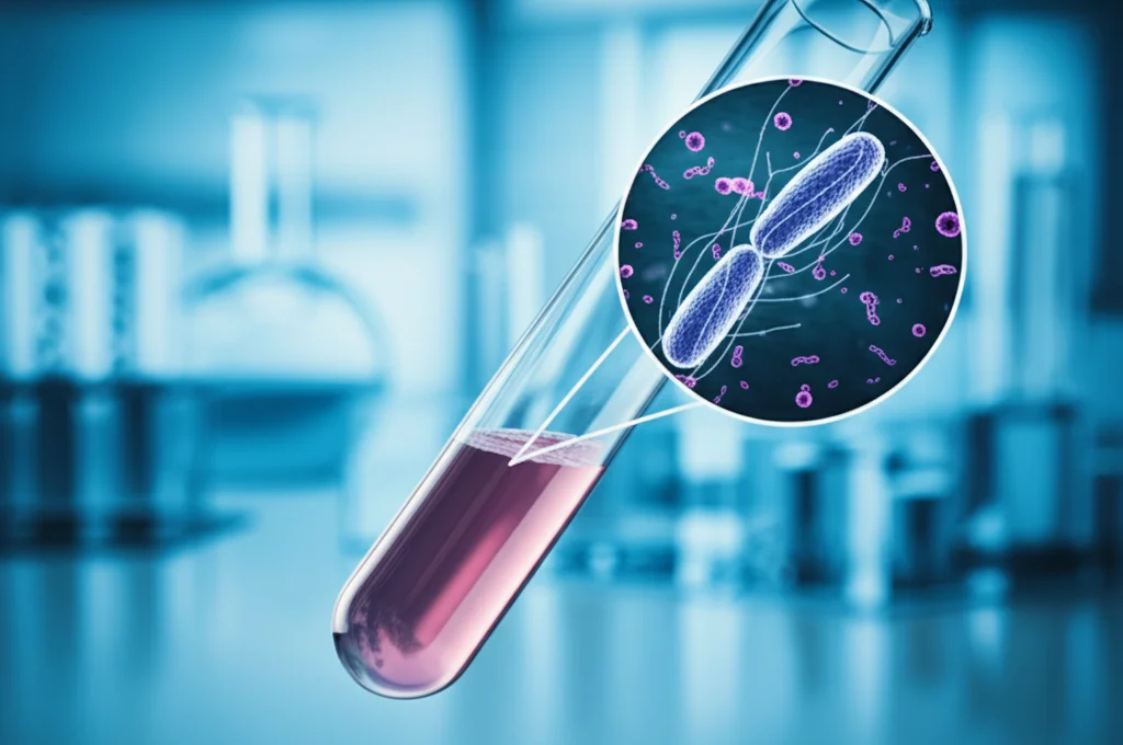 Immagine concettuale fotorealistica per un articolo scientifico sul trapianto di microbiota fecale (FMT) e Blastocystis. Primo piano di una provetta contenente microbiota fecale stilizzato, con una rappresentazione microscopica ingrandita del protozoo Blastocystis che fluttua vicino. Sfondo sfocato di un ambiente di laboratorio high-tech. Obiettivo macro 85mm, alta definizione, illuminazione drammatica controllata, messa a fuoco selettiva su Blastocystis.