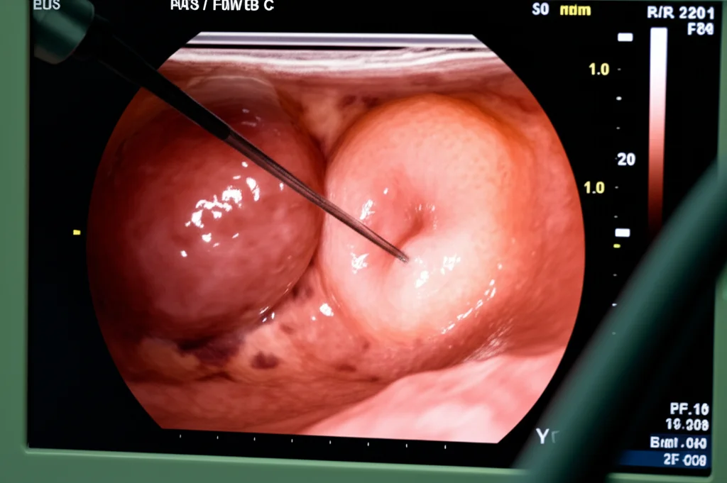 Immagine ultra-realistica di un'ecoendoscopia (EUS) in corso: un endoscopio con una sonda ecografica all'estremità si avvicina a una cisti nel pancreas, visibile su uno schermo adiacente. Un sottile ago da biopsia (FNB) emerge dall'endoscopio puntando verso la cisti. Illuminazione da sala operatoria, focus nitido sull'interfaccia ago-cisti. Lente macro, 85mm, alta definizione.