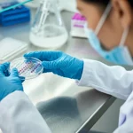 Ricerca genetica sul diabete gestazionale: una scienziata del sud-est asiatico osserva attentamente una piastra multi-pozzetto contenente campioni di DNA in un laboratorio moderno e ben illuminato. Lente macro 90mm, alta definizione, illuminazione precisa sui campioni, sfondo leggermente sfocato con attrezzature da laboratorio.