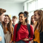 Ritratto di gruppo di adolescenti diversi (maschi e femmine, età 16-18 anni) in un ambiente scolastico informale norvegese, che parlano e interagiscono animatamente durante una pausa, luce naturale proveniente da grandi finestre, obiettivo 35mm, profondità di campo media che mantiene a fuoco il gruppo principale, colori vivaci ma realistici tipici dell'abbigliamento giovanile.