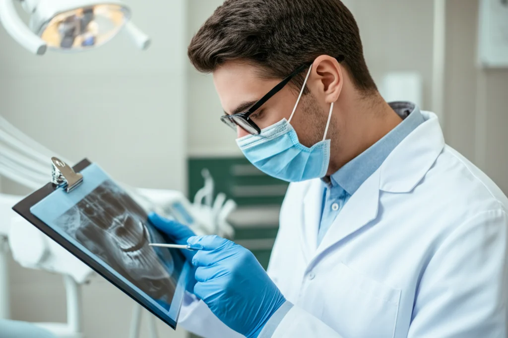 Ritratto di uno studente di odontoiatria concentrato, che esamina da vicino una cartella clinica parodontale con grafici e radiografie in un moderno studio dentistico. Obiettivo prime 35mm, profondità di campo accentuata per isolare lo studente, illuminazione controllata che evidenzia i dettagli della cartella.