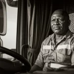 Ritratto fotografico realistico di un camionista ghanese dall'aspetto stanco ma vigile, seduto nella cabina del suo camion durante una sosta. Luce naturale laterale che evidenzia le linee del viso. Obiettivo 50mm, profondità di campo media, bianco e nero con toni seppia per un effetto vissuto.