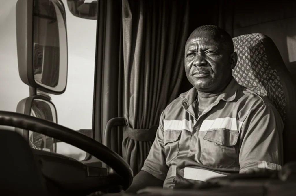 Ritratto fotografico realistico di un camionista ghanese dall'aspetto stanco ma vigile, seduto nella cabina del suo camion durante una sosta. Luce naturale laterale che evidenzia le linee del viso. Obiettivo 50mm, profondità di campo media, bianco e nero con toni seppia per un effetto vissuto.
