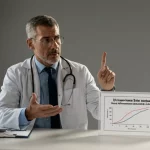Un medico che spiega a un paziente iperteso l'importanza della dieta, indicando un grafico che mostra la correlazione tra indice infiammatorio alimentare e rischio ictus. Prime lens, 35mm, depth of field, luce da studio morbida.