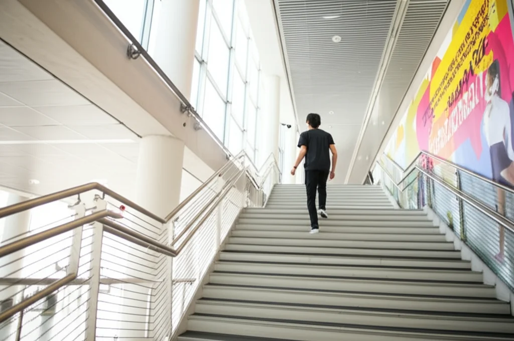 Una persona vista di spalle che sale con passo deciso una luminosa rampa di scale in un edificio moderno. Accanto alle scale, un grande banner colorato con messaggi motivazionali sull'attività fisica è chiaramente visibile. Obiettivo prime 35mm, luce naturale diffusa, profondità di campo che mantiene a fuoco sia la persona che il banner.