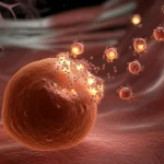 Visualizzazione 3D artistica e fotorealistica di una cellula di cancro al polmone stilizzata che rilascia molecole di Activina A (rappresentate come piccole sfere luminose arancioni) nel flusso sanguigno circostante, con fibre muscolari scheletriche visibilmente atrofiche sullo sfondo sfocato. Illuminazione drammatica che evidenzia la cellula tumorale e le molecole. Profondità di campo ridotta.