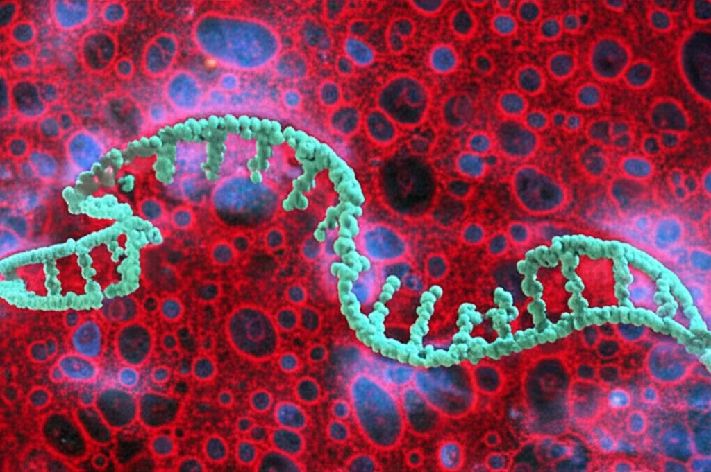 Immagine concettuale ad alta definizione, macro lens 100mm, che illustra la proteina Neurog2 interagente con il DNA all'interno di una cellula tumorale prostatica, con focus preciso sull'interazione molecolare sotto illuminazione controllata, simboleggiando la scoperta di un nuovo bersaglio terapeutico.