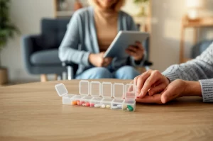 Immagine concettuale che mostra una mano che aiuta un'altra mano a organizzare con cura pillole colorate in un portapillole settimanale su un tavolo di legno chiaro, con lo sfondo volutamente sfocato di una persona sorridente in sedia a rotelle che utilizza un tablet in un ambiente domestico luminoso, obiettivo 50mm, luce calda e naturale laterale, profondità di campo ridotta per mettere a fuoco le mani e il portapillole, simboleggia supporto umano, tecnologia accessibile e autogestione farmacologica.