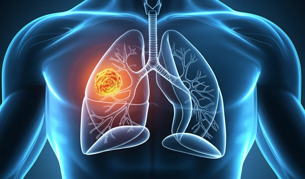 Visualizzazione 3D avanzata di un polmone umano con un tumore chiaramente segmentato da un'intelligenza artificiale, sfondo high-tech astratto blu e grigio. Macro lens, 100mm, high detail, precise focusing, illuminazione drammatica laterale, concetto medico futuristico.