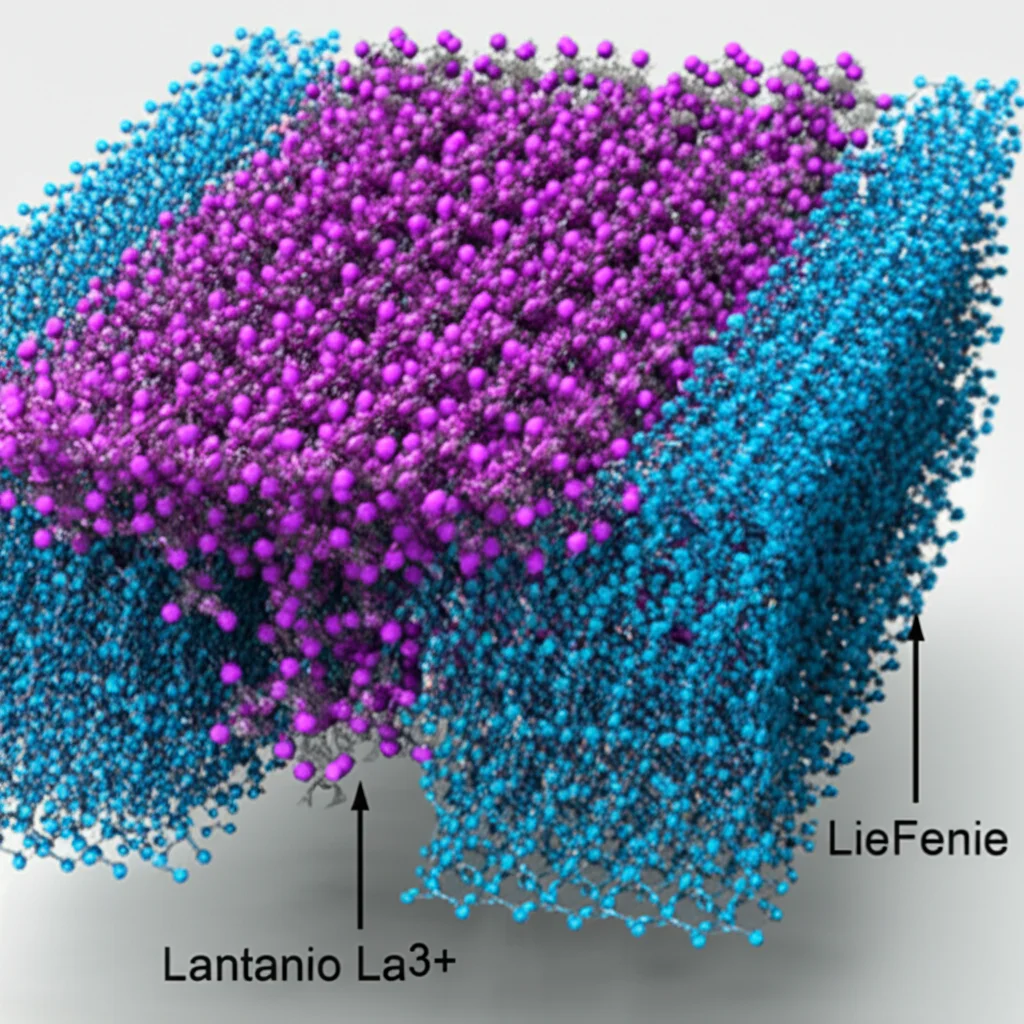 Visualizzazione artistica ad alta risoluzione della struttura cristallina del BiFeO3 con ioni di Lantanio (La3+) che si riorganizzano da una distribuzione casuale (viola) a strati ordinati (azzurro) sotto l'influenza di una forza esterna schematizzata da una freccia, stile fotorealistico, obiettivo macro 90mm, illuminazione focalizzata sui dettagli atomici e sulla transizione di fase.