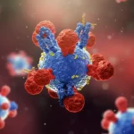 Visualizzazione artistica e scientifica di un anticorpo IgM pentamerico che neutralizza aggressivamente i virus dell'influenza A in un ambiente stilizzato che richiama le vie respiratorie. Illuminazione ad alto contrasto, obiettivo macro 85mm per dettaglio sull'interazione anticorpo-virus, sfondo sfocato.