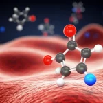 Visualizzazione astratta e fotorealistica di molecole di cortisolo (blu) e aldosterone (rosse) che fluttuano vicino a una rappresentazione stilizzata di cellule pancreatiche e adipose, simboleggiando la loro interazione con i meccanismi dell'insulina nel diabete tipo 2. Obiettivo macro 90mm, alta definizione, illuminazione drammatica controllata, sfondo scuro e sfocato.