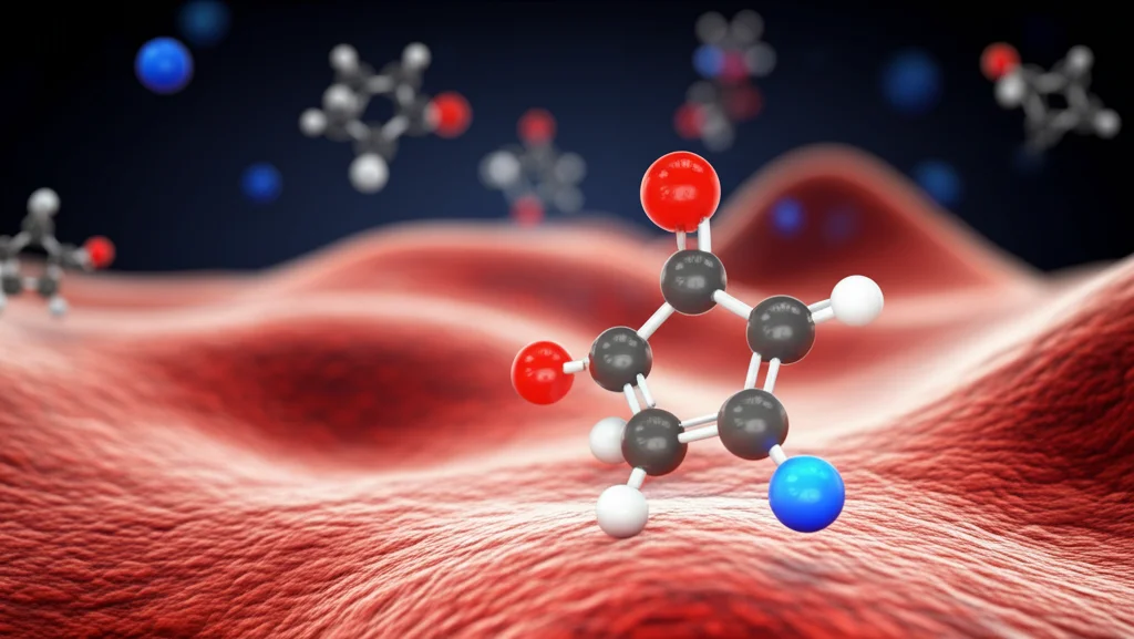 Visualizzazione astratta e fotorealistica di molecole di cortisolo (blu) e aldosterone (rosse) che fluttuano vicino a una rappresentazione stilizzata di cellule pancreatiche e adipose, simboleggiando la loro interazione con i meccanismi dell'insulina nel diabete tipo 2. Obiettivo macro 90mm, alta definizione, illuminazione drammatica controllata, sfondo scuro e sfocato.