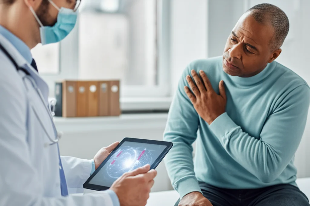 Fotografia ritrattistica, obiettivo prime da 35mm, profondità di campo ridotta, che cattura un medico compassionevole mentre spiega risultati di test promettenti (rappresentati astrattamente, forse da un grafico luminoso su un tablet) a un paziente sollevato, trasmettendo empatia e progresso scientifico nella lotta al DLBCL.