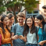 Fotografia ritratto di un gruppo diversificato di adolescenti che interagiscono positivamente, alcuni sorridono guardando uno smartphone tenuto da uno di loro, altri chiacchierano. Luce naturale e calda, ambientazione esterna come un cortile scolastico. Obiettivo 35mm, profondità di campo media per mantenere a fuoco il gruppo ma sfocare leggermente lo sfondo, colori vivaci. Simbolo di connessione sociale positiva come contrasto al cyberbullismo.