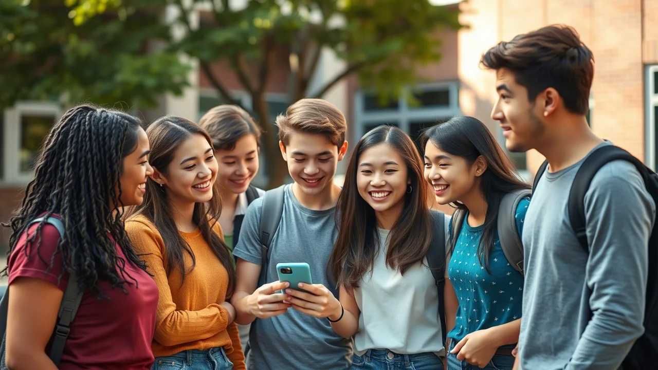 Fotografia ritratto di un gruppo diversificato di adolescenti che interagiscono positivamente, alcuni sorridono guardando uno smartphone tenuto da uno di loro, altri chiacchierano. Luce naturale e calda, ambientazione esterna come un cortile scolastico. Obiettivo 35mm, profondità di campo media per mantenere a fuoco il gruppo ma sfocare leggermente lo sfondo, colori vivaci. Simbolo di connessione sociale positiva come contrasto al cyberbullismo.