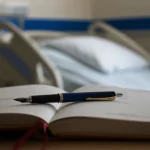 Fotografia simbolica: una penna appoggiata su un diario aperto in una stanza d'ospedale silenziosa, luce naturale soffusa, obiettivo 50mm, profondità di campo che sfoca leggermente lo sfondo del letto, evocando riflessione e speranza.