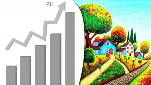 Illustrazione concettuale che mostra un grafico a barre del PIL grigio e statico, mentre accanto sboccia un paesaggio vibrante e colorato con persone felici, alberi rigogliosi e case accoglienti, simboleggiando il benessere. Wide-angle lens, 15mm, sharp focus, colori vivaci e caldi.