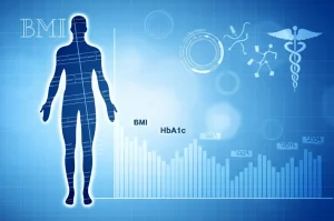 Immagine concettuale fotorealistica che mostra una silhouette umana stilizzata con un grafico sovrapposto che indica un calo del BMI e dell'HbA1c, con simboli medici astratti sullo sfondo, illuminazione focalizzata sulla figura, colori blu e bianco dominanti.