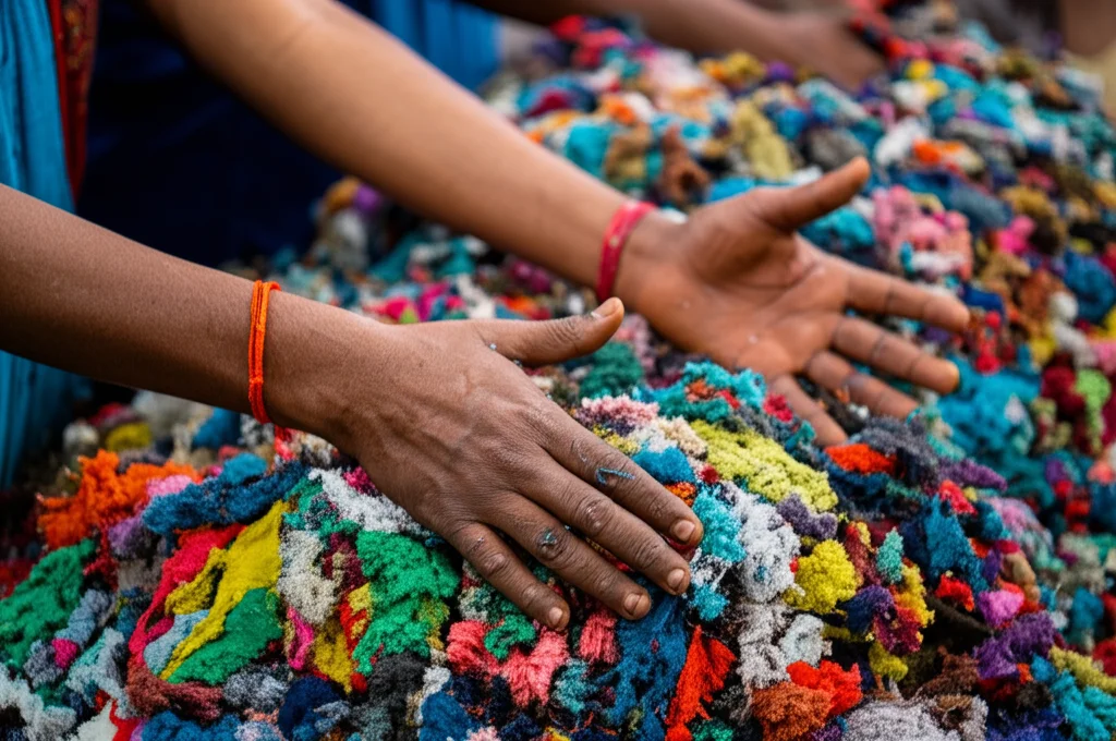 Immagine fotorealistica di mani esperte che smistano meticolosamente scarti tessili colorati in un centro di riciclaggio indiano ben illuminato. Dettaglio elevato sui tessuti, obiettivo macro 85mm, luce controllata che evidenzia le texture diverse e simboleggia lo sforzo verso l'economia circolare.
