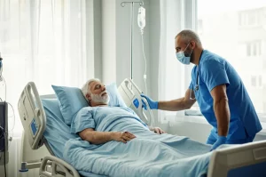 Immagine fotorealistica di un paziente COVID-19 grave ma stabile in un letto d'ospedale che inizia una sessione di riabilitazione polmonare precoce con un terapista. Il terapista, con mascherina, guida il paziente in un esercizio respiratorio. Atmosfera di speranza e recupero attivo nella stanza d'ospedale. Obiettivo prime, 50mm, profondità di campo che isola paziente e terapista, luce naturale morbida dalla finestra.