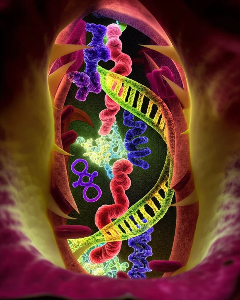 Immagine fotorealistica, macro lens 105mm, high detail, precise focusing, controlled lighting, che mostra un vibrante fiore di Aristolochia manshuriensis parzialmente sezionato per rivelare rappresentazioni luminose di filamenti di DNA e strutture molecolari di Alcaloidi Benzilisochinolinici all'interno dei suoi tessuti, simboleggiando la connessione tra genetica e biochimica.