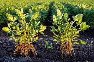 Primo piano di due piante di soia affiancate in un campo: una (rappresentante Enrei) con radici vigorose e noduli visibili nel terreno smosso alla base, l'altra (rappresentante En1282) simile ma senza noduli. Sullo sfondo, un campo coltivato con metodo naturale. Fotografia macro 85mm, alta definizione, luce naturale calda del tardo pomeriggio.