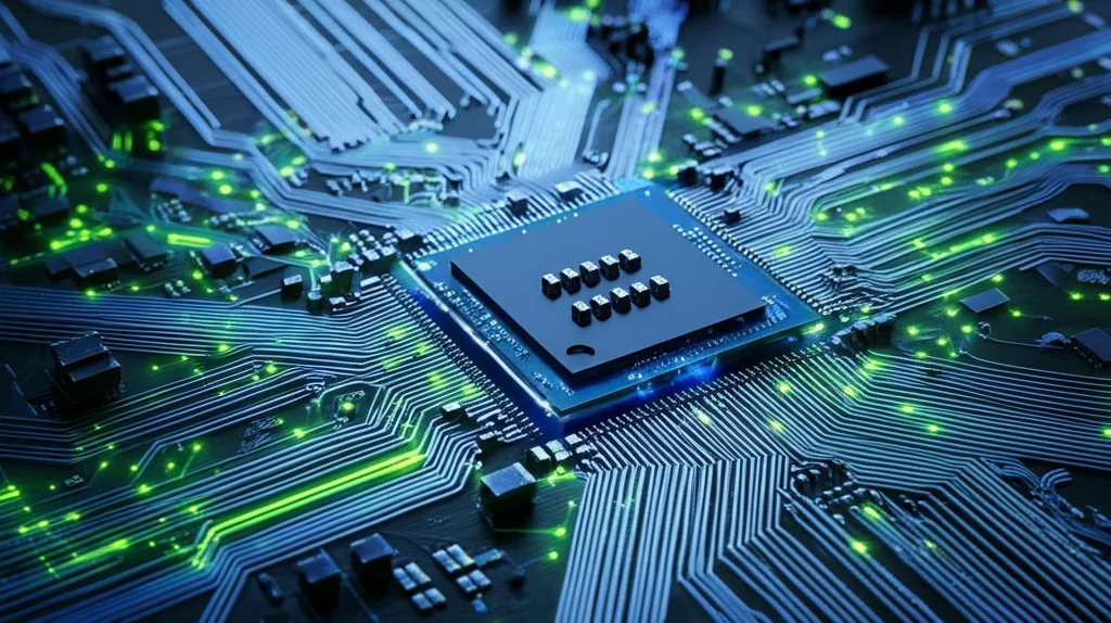 Primo piano di un circuito stampato high-tech con linee luminose blu e verdi che rappresentano flussi di dati finanziari che convergono verso un processore centrale, obiettivo macro 100mm, alta definizione, illuminazione controllata e drammatica con riflessi metallici.