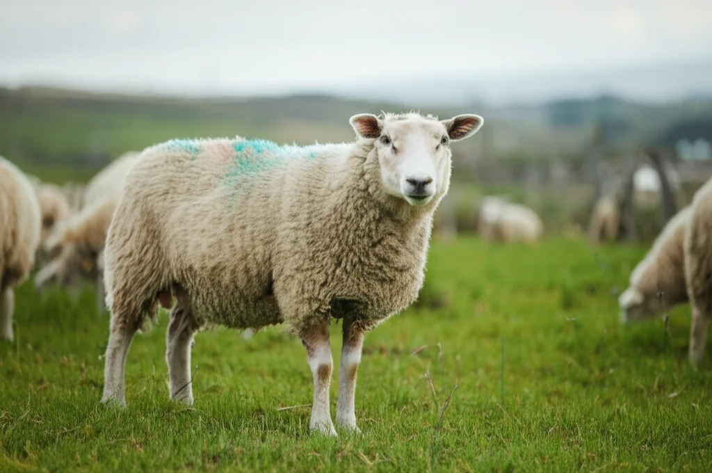 Primo piano fotorealistico di una pecora di razza NWS (Norwegian White Sheep) in un pascolo verde lussureggiante sotto un cielo leggermente nuvoloso. Obiettivo da ritratto 85mm, profondità di campo ridotta per sfocare lo sfondo, luce naturale morbida del mattino, alta definizione del vello bianco.