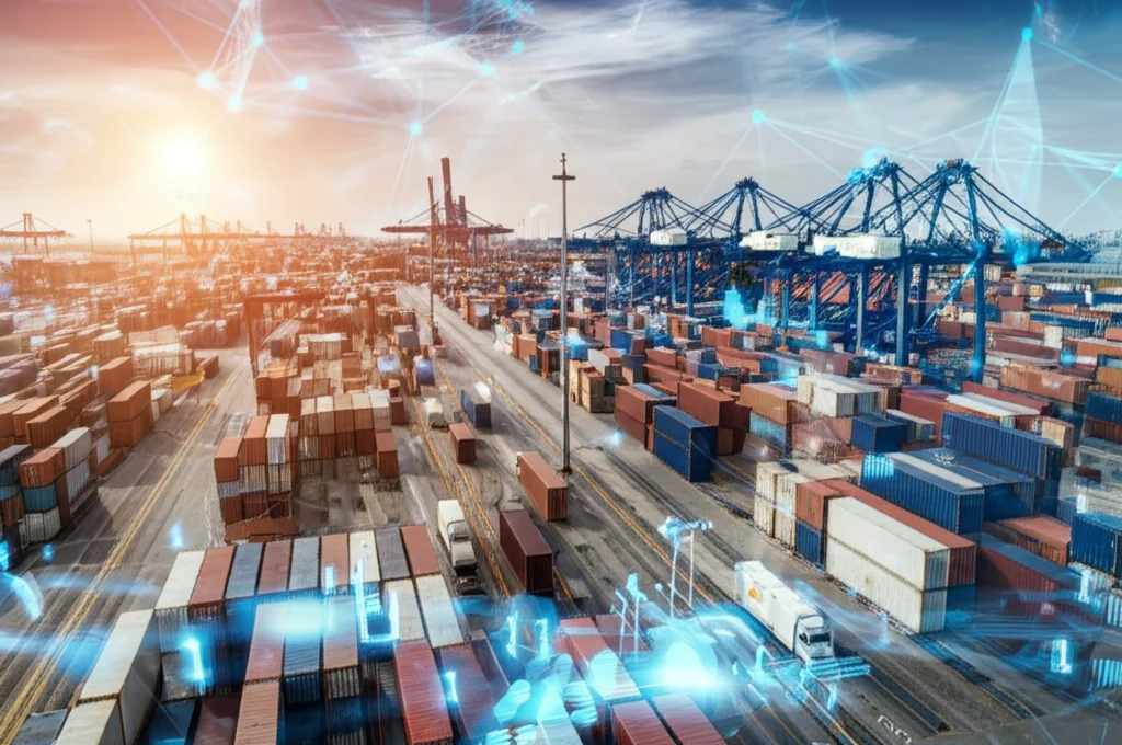 Una rete neurale digitale luminosa e complessa sovrapposta a un'immagine aerea di una catena di approvvigionamento globale con navi portacontainer, camion su autostrade e magazzini logistici, obiettivo grandangolare 24mm, alta definizione, luce del tardo pomeriggio, simboleggia l'intelligenza artificiale e le tecnologie digitali che ottimizzano e rendono trasparenti le supply chain sostenibili.