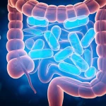 Composizione fotorealistica concettuale che mostra capsule di probiotici luminose che proteggono una rappresentazione stilizzata delle cellule del colon-retto da fasci di luce aggressivi (simbolo della chemio/radioterapia), sfondo blu profondo, illuminazione drammatica, lente 35mm, profondità di campo.