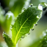 Fotografia macro di una pianta di Arabidopsis thaliana resiliente al freddo, con foglie verdi brillanti e gocce di rugiada ghiacciata. Obiettivo macro 105mm, alta definizione, illuminazione laterale morbida che evidenzia la texture delle foglie e il ghiaccio, simboleggiando la resistenza allo stress da freddo grazie a meccanismi molecolari come l'azione di RH24.