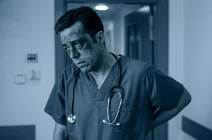 Fotografia ritratto, obiettivo 50mm, di un medico esausto con segni di stanchezza sul viso, in piedi in un ambiente ospedaliero scarsamente illuminato, una mano sulla parte bassa della schiena. Effetto duotone blu e grigio per accentuare la fatica e lo stress.