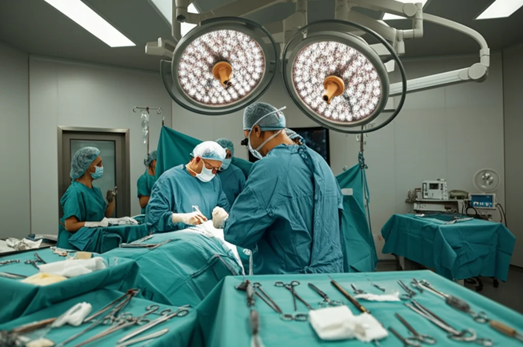 Immagine fotorealistica di una sala operatoria moderna durante un intervento chirurgico complesso all'esofago, team chirurgico concentrato, luci intense, equipaggiamento high-tech visibile, prime lens 35mm, profondità di campo.