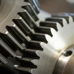 Immagine fotorealistica, obiettivo prime 35mm, primo piano di due ingranaggi metallici nuovi e perfetti che ingranano tra loro. Profondità di campo che sfoca leggermente lo sfondo industriale, illuminazione controllata che enfatizza la superficie impeccabile e la geometria precisa dei denti, altissimo dettaglio.