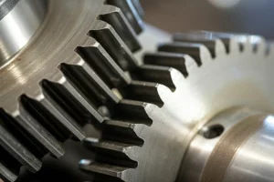 Immagine fotorealistica, obiettivo prime 35mm, primo piano di due ingranaggi metallici nuovi e perfetti che ingranano tra loro. Profondità di campo che sfoca leggermente lo sfondo industriale, illuminazione controllata che enfatizza la superficie impeccabile e la geometria precisa dei denti, altissimo dettaglio.