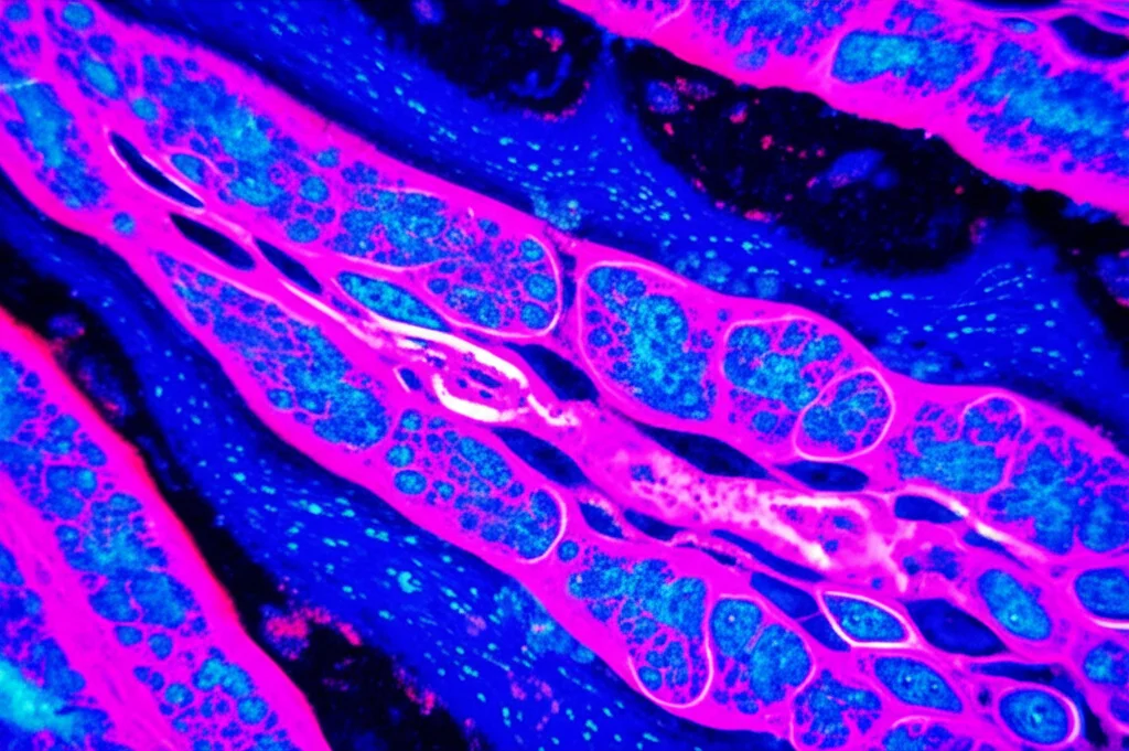 Microscopia ad alta risoluzione di cellule di osteosarcoma che mostrano espressione proteica, con focus su dettagli cellulari e potenziali vasi sanguigni nel microambiente tumorale. Macro lens, 100mm, high detail, controlled lighting.