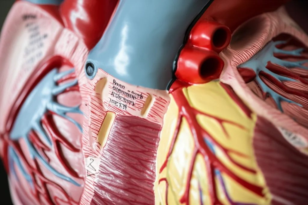 Primo piano di un cuore anatomico modello con focus sulla valvola atrioventricolare sinistra, illuminazione da studio controllata, obiettivo macro 90mm, alta definizione dei dettagli delle valvole e del setto.