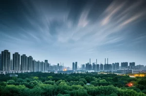 Skyline di una metropoli cinese moderna al tramonto, con ciminiere industriali in lontananza parzialmente oscurate da parchi urbani verdi in primo piano, simboleggiando la sfida e l'obiettivo della trasformazione verso città a rifiuti zero. Obiettivo grandangolare 20mm, long exposure per nuvole soffici, focus nitido sull'intera scena.