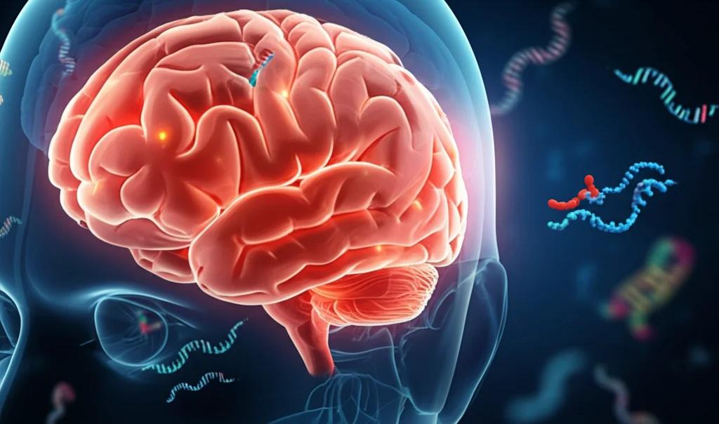 Visualizzazione artistica fotorealistica del cervello umano con aree evidenziate che mostrano infiammazione post-ictus ischemico e molecole lncRNA (MALAT1, GAS5) stilizzate che interagiscono. Sfondo scuro con focus nitido sulle strutture cerebrali e molecolari, illuminazione drammatica, stile cinematografico, obiettivo 35mm con profondità di campo.