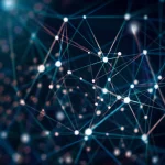 Visualizzazione astratta e fotorealistica di una rete complessa tridimensionale, simboleggiante le interconnessioni nella comunicazione scientifica e l'eredità intellettuale di Loet Leydesdorff. Nodi luminosi collegati da linee energetiche fluttuanti in uno spazio scuro. Obiettivo grandangolare, 15mm, messa a fuoco nitida, sensazione di profondità e complessità.